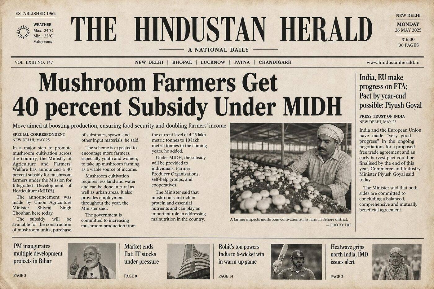 Mushroom farmers get 40% subsidy under MIDH
